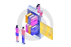 Library or Book Shop mobile online isometric concept. Micro people buying books.