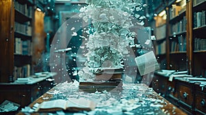A library with books falling from the ceiling
