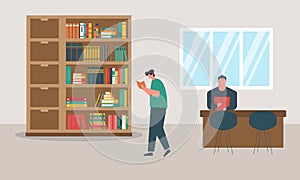 Library books and people reading in bookshop vector flat design