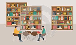 Library books and people reading in bookshop vector flat design