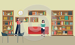 Library books and people reading in bookshop vector flat design
