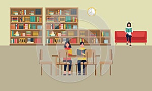 Library books and people reading in bookshop vector flat design