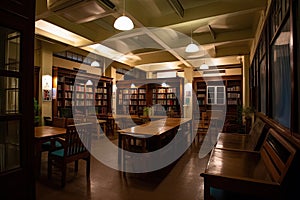 library, with bookshelves and reading nooks, during early morning hours