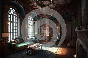library, with bookshelves and reading nooks, in stately mansion