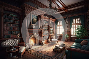 library, with bookshelves and reading nooks, in stately mansion