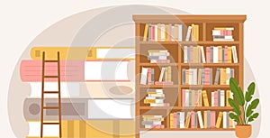 Library or bookstore concept. Wooden bookshelf and giant books pile. Knowledge, study and education vector scene. Book