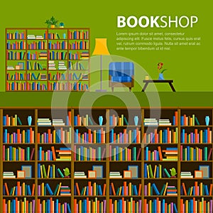 Library, bookstore - Seamless pattern with books on bookshelves.