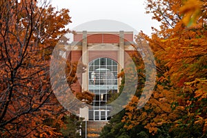 library building viewed between autumncolored trees