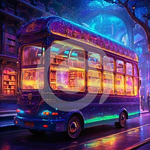 Library in a bus , Fantasy . Generative AI.