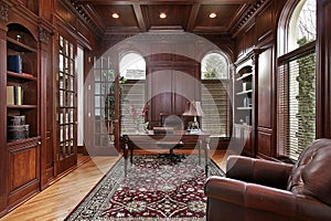 Library with cherry wood paneling