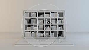 Library on computer screen clean white, grey background 3d rendering