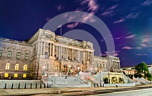 The Library of Congress building in Washington DC at night