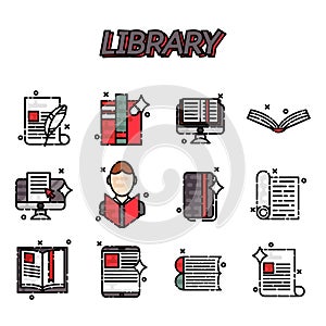 Library flat icons set