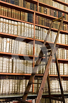 Library full of aged books and ladder