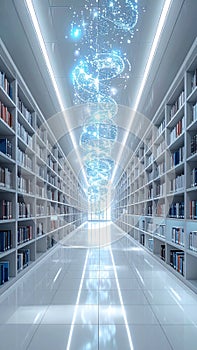 Futuristic Library with Digital Data Stream