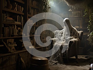 Library with a ghostly figure covered in cobwebs sitting in a chair, AI-generated.
