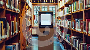 Library Information Kiosk Mockup Among Bookshelves, AI Created