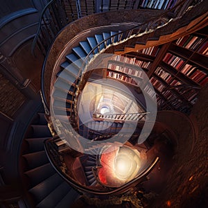 Library interior architecture. Wooden stairs in library. generative ai