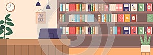 Library Interior Exudes A Serene Ambiance With Rows Of Books, Soft Lighting, And Cozy Reading Nooks, Vector Illustration