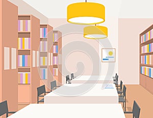 Library interior with furniture. Perspective view. Empty space. Vector.