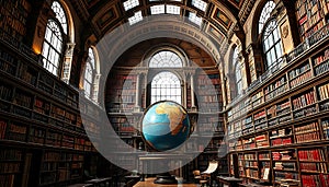 Library interior with globe and classic bookshelves view Generative AI