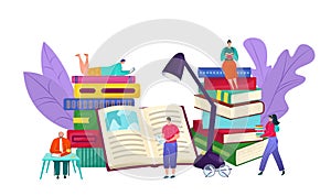 Library and knowledge book reading people vector illustration. Tiny people sitting on bookshelves reading books