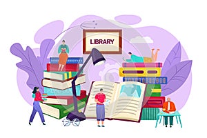 Library and knowledge concept, vector flat illustration. Tiny people sitting on bookshelves reading books. Education and