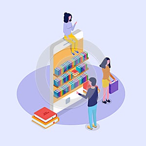 Library mobile online isometric concept. Micro people reading books.