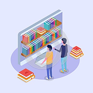 Library mobile online isometric concept. Micro people reading books.