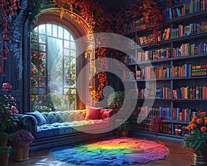 A library with a Pride Month book display and rainbow decorations