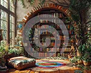 A library with a Pride Month book display and rainbow decorations