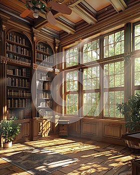 Library room, air freshened by open windows and wall-mounted fans, soft daylight, eye-level view, detailed focus