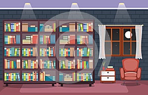 Library Room Interior Stack of Book on Bookshelf Flat Design