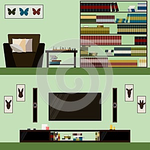 Library and room interior on stylish cover. Modern illustration in trendy flat style