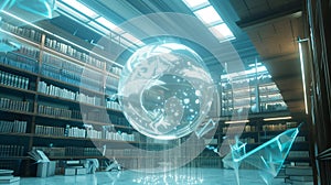 library's central AI interface. The orb-like AI projects knowledge networks in intricate patterns. By generative Ai