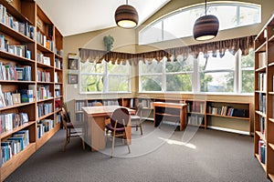 library setting with bookshelves, reading nooks, and natural light
