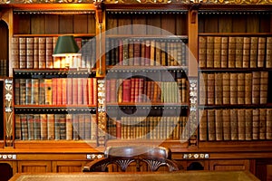 Library shelves and table