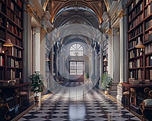 Library solitude, knowledge temple, wide shot, quiet atmosphere , super realistic