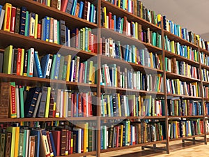 Library stacks of books and bookshelf.