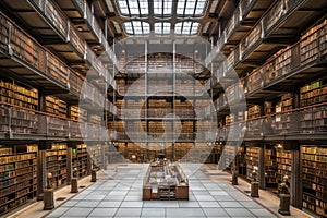 a library with towering bookshelves, filled with thousands of volumes