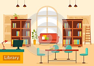 Library Vector Illustration of Book Shelves with Interior Wooden Furniture for Reading, Education and Knowledge in Flat Cartoon