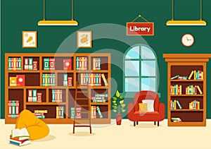 Library Vector Illustration of Book Shelves with Interior Wooden Furniture for Reading, Education and Knowledge in Flat Cartoon