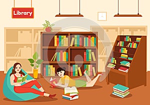 Library Vector Illustration of Book Shelves with Interior Wooden Furniture for Reading, Education and Knowledge in Flat Cartoon