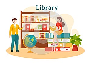 Library Vector Illustration of Book Shelves with Interior Wooden Furniture for Reading, Education and Knowledge in Flat Cartoon