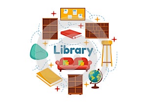 Library Vector Illustration of Book Shelves with Interior Wooden Furniture for Reading, Education and Knowledge in Flat Cartoon