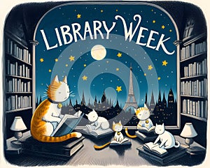 Library Week poster with cute cats reading books in Paris