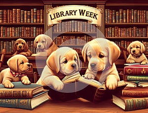 Library Week Poster with puppies