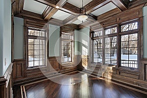 Library with wood ceiling beams