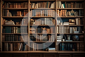 Librarys treasure trove vintage books on a massive wooden bookshelf