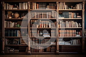 Librarys treasure trove vintage books on a massive wooden bookshelf